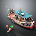 Old Fishing Boat With Blue Roof White Red Hull Winch Lifebuoy And Small Accessories
