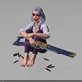 Purple Haired Female Character Sitting Barefoot Holding Large Gun With Scattered Bullets