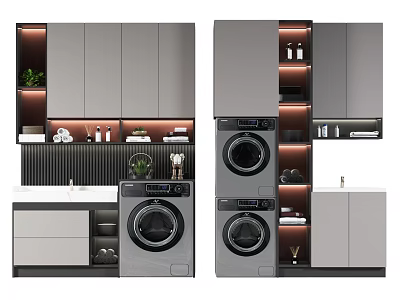 Modern Gray Bathroom Cabinet Design With Washing Machine And Storage Cabinets 3d model