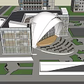Modern Architectural Building With Glass Curtain Walls Arched Structure And Platform Near High Rise Buildings