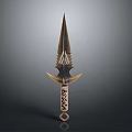 Ornate Ancient Bronze Spike Weapon With Carved Runes And Decorative Guard