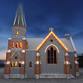 Historic Gothic Building With Spire Stone Brick Structure And Illuminated Arched Windows At Night