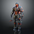 Futuristic Mechanical Armored Warrior Character With Orange Glowing Armor And Dual Weapons
