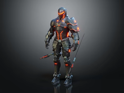 Futuristic Mechanical Armored Warrior Character With Orange Glowing Armor And Dual Weapons 3d model