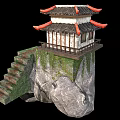 Ancient Architecture On Rocky Cliff With Red Roof And Moss Covered Steps