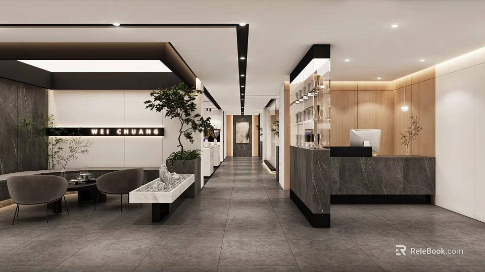 Modern Front Desk Reception Area With Sofa Plants Lighting And Decorative Interior Design 3d model