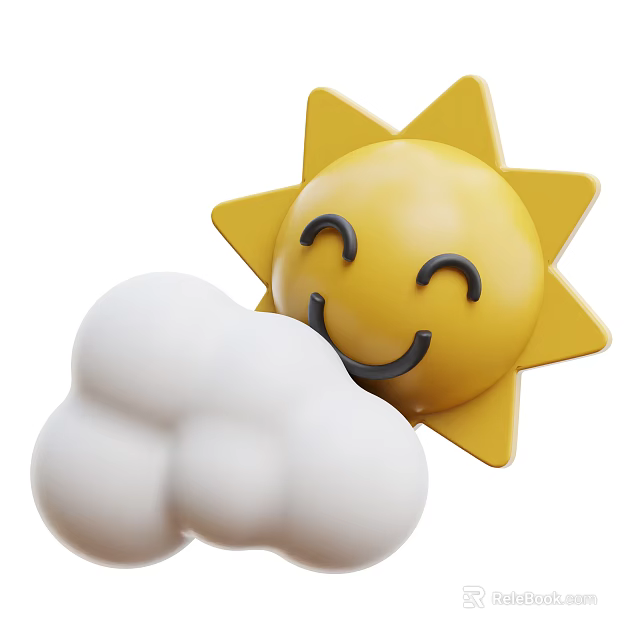 Yellow Sun With Smiling Face And White Cloud Decorative Ornament Set 3d model 