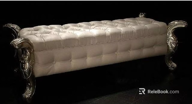 Elegant Ivory Tufted Ottoman with Silver Ornate Armrests for Luxurious Home Decor 3d model 