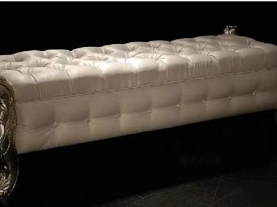 Elegant Ivory Tufted Ottoman with Silver Ornate Armrests for Luxurious Home Decor 3d model