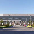 Modern Office Building Exterior With Glass Facade Spacious Driveway And Green Lawn