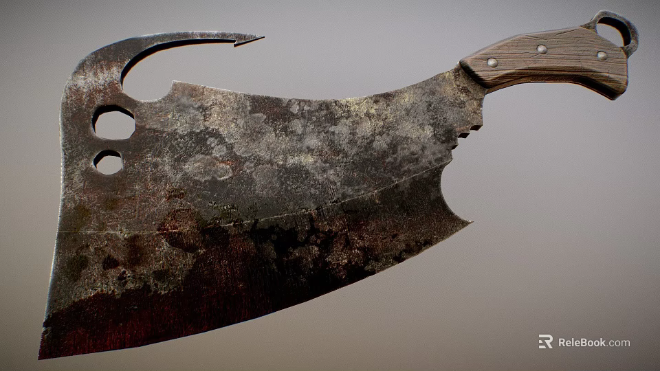 Old Rusted Weapon With Worn Metal Blade Wooden Handle And Decorative Holes 3d model 