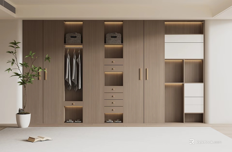 Modern Wooden Wardrobe Interior With Hanging Rods Drawers Storage Shelves And LED Lighting 3d model 