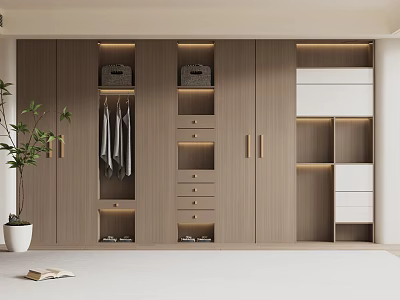 Modern Wooden Wardrobe Interior With Hanging Rods Drawers Storage Shelves And LED Lighting 3d model