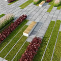 Landscape Seats in Outdoor Garden with Paved Ground and Diverse Green Plants
