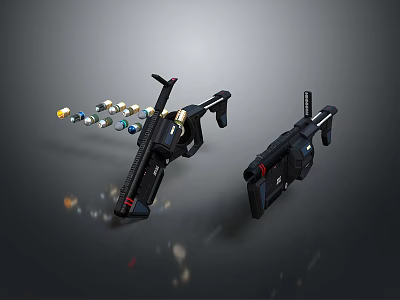 Futuristic Black Sci Fi Weapons Firing Colorful Projectiles on Dark Background 3d model