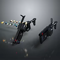 Futuristic Black Sci Fi Weapons Firing Colorful Projectiles on Dark Background