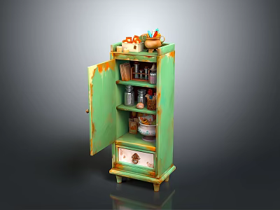 Vintage Green Cabinet With Open Door Shelves Bottles Jars And Bowls 3d model