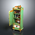 Vintage Green Cabinet With Open Door Shelves Bottles Jars And Bowls