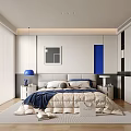 Modern Bedroom Interior Design With Blue Accents Bed Nightstand Decorative Painting And Carpet
