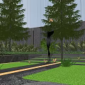 Modern Garden Landscape With Tall Pine Trees Green Lawn Stepped Pathway Statue And Building Background