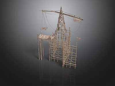 Handmade Bamboo Car Model With Scaffolding And Tower Crane Structure 3d model