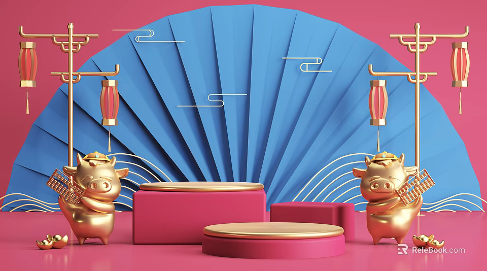 Golden Ox Figures With Blue Fan Background Red Lanterns Pink Display Platforms And Golden Decorations 3d model 