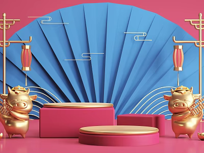 Golden Ox Figures With Blue Fan Background Red Lanterns Pink Display Platforms And Golden Decorations 3d model