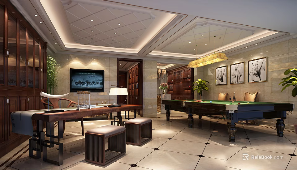 Modern Cozy Basement With Pool Table TV Tables Chairs Green Plants Lighting And Decorative Paintings 3d model 