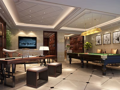 Modern Cozy Basement With Pool Table TV Tables Chairs Green Plants Lighting And Decorative Paintings 3d model