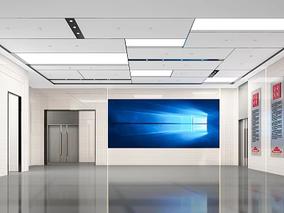 Modern Lobby Reception Desk With Large Screen White Walls Smooth Floor Elevators And Ceiling Lighting 3d model