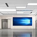 Modern Lobby Reception Desk With Large Screen White Walls Smooth Floor Elevators And Ceiling Lighting 3d model
