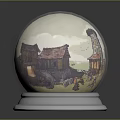 Hand Painted Buildings Inside Crystal Ball With Scenic Tower And Sky Design