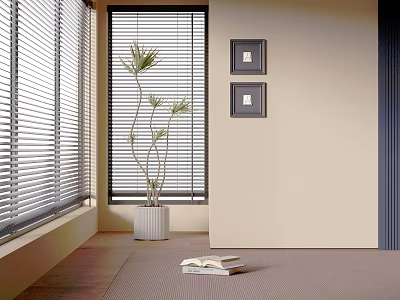 Modern Room Interior With Bonsai Potted Plant Window Blinds Beige Walls And Wooden Floor 3d model