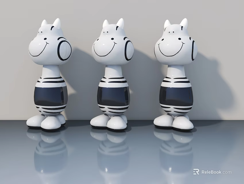 Three White Cartoon Zebra Dolls With Smiling Faces And Black Stripes 3d model 