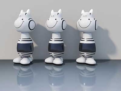 Three White Cartoon Zebra Dolls With Smiling Faces And Black Stripes 3d model