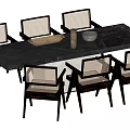 Modern Dining Table Set Featuring Long Black Marble Tabletop And Six Woven Back Chairs 3d model