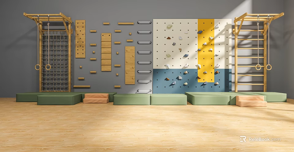 Indoor Kids Playground Equipment With Climbing Wall Wooden Frames And Padded Mats 3d model 