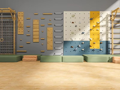 Indoor Kids Playground Equipment With Climbing Wall Wooden Frames And Padded Mats 3d model