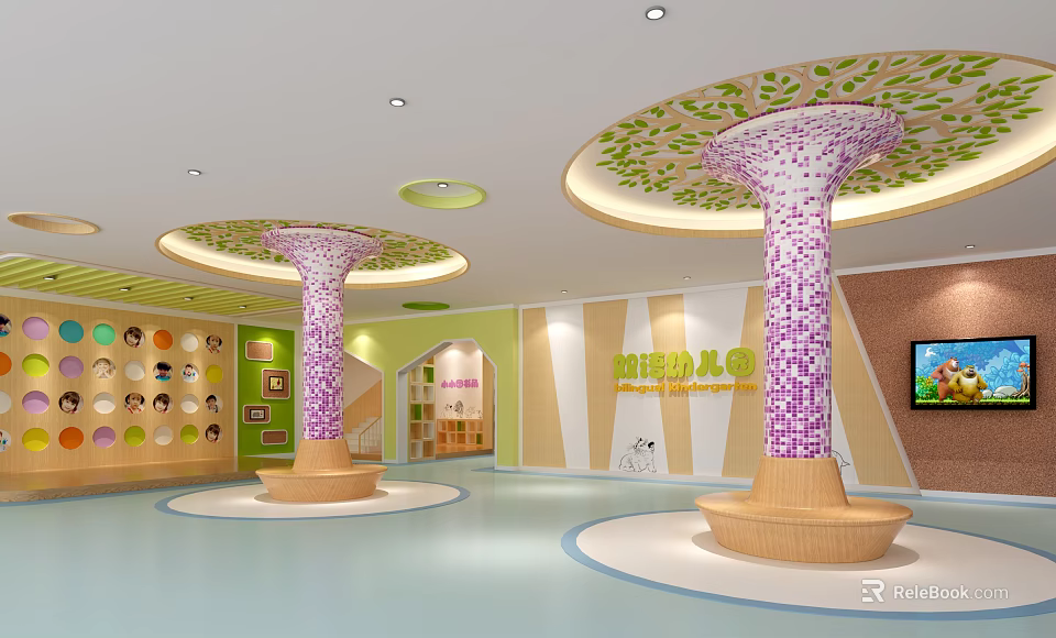 Colorful Kindergarten Interior Design With Decorative Columns Wall Displays And TV 3d model 