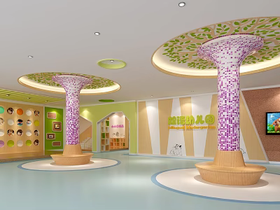 Colorful Kindergarten Interior Design With Decorative Columns Wall Displays And TV 3d model