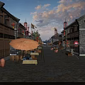 Traditional Commercial Street With Ancient Architecture Red Lanterns Umbrellas And Stone Paved Road