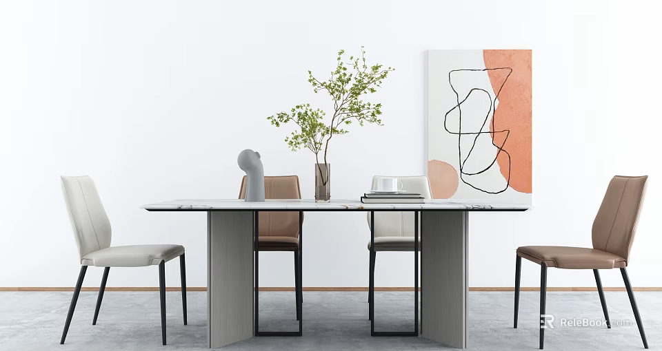 Modern Dining Room Interior With Table Chairs Artwork And Plant 3d model 