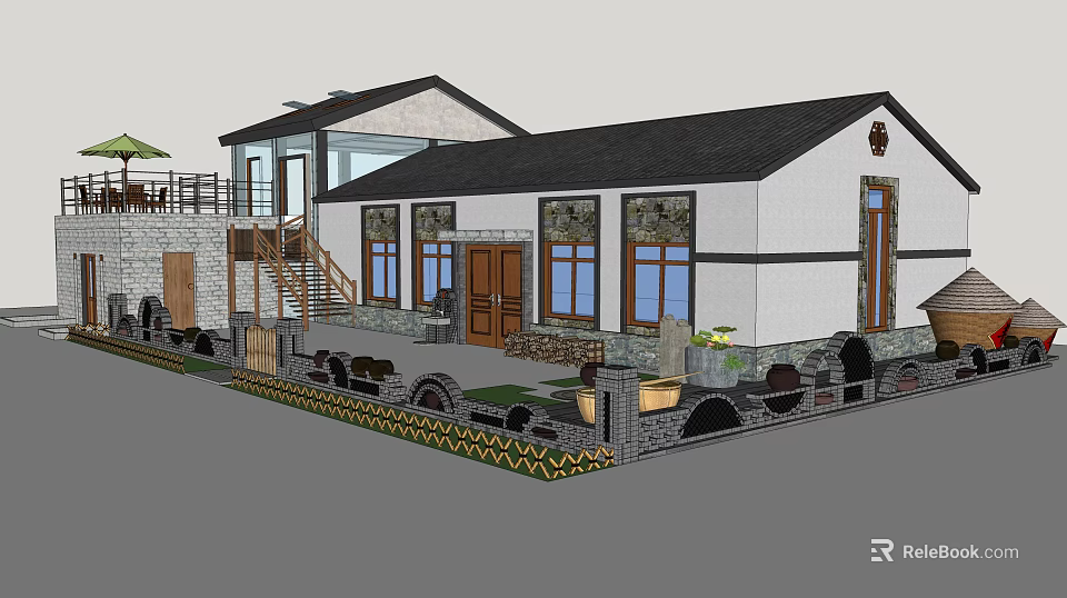 Traditional Style Detached Villa With White Exterior Black Roof And Courtyard Garden 3d model 