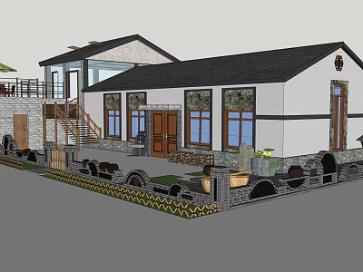 Traditional Style Detached Villa With White Exterior Black Roof And Courtyard Garden 3d model