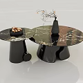 Modern Black Marble Coffee Tables With Round Top Unique Base Decorative Vase And Nut Tray