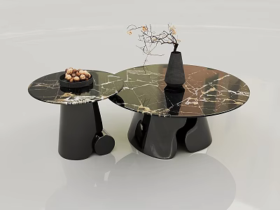 Modern Black Marble Coffee Tables With Round Top Unique Base Decorative Vase And Nut Tray 3d model