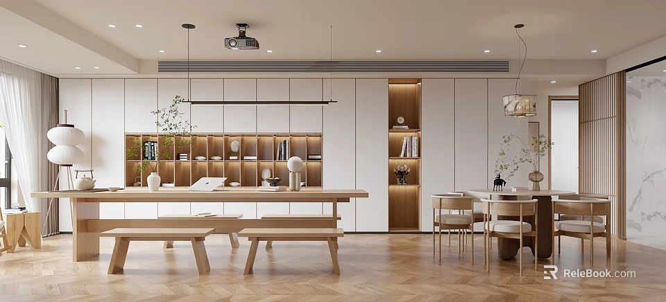 Modern Minimalist Living Dining Room With Wooden Table Benches Shelves Herringbone Flooring Hanging Lights 3d model 