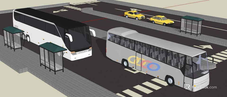 Bus Station With White Grey Buses Olympic Rings Yellow Taxis Platform And Zebra Crossing 3d model 