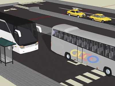 Bus Station With White Grey Buses Olympic Rings Yellow Taxis Platform And Zebra Crossing 3d model