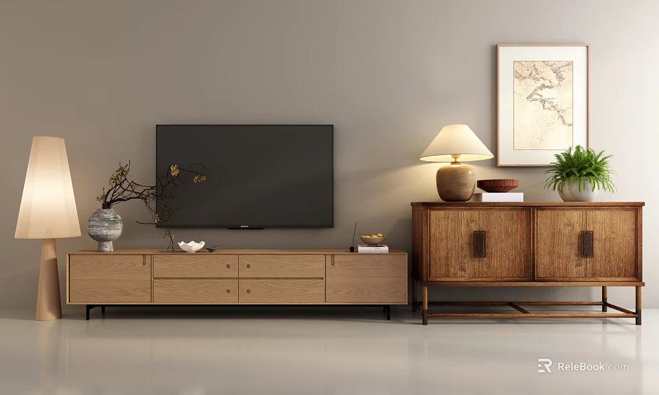 Modern Wooden TV Stand With TV Decorations Table Lamp Potted Plant And Wall Painting 3d model 